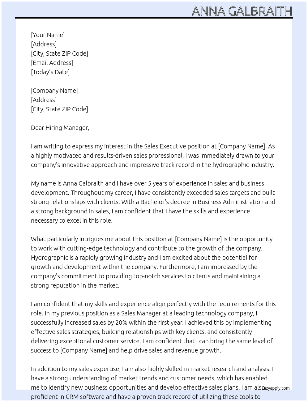 sales executive At hydrographic  Cover Letter