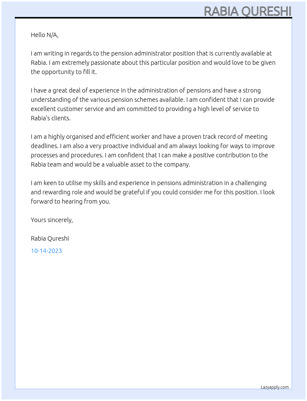 Pension administrator At Rabia Cover Letter