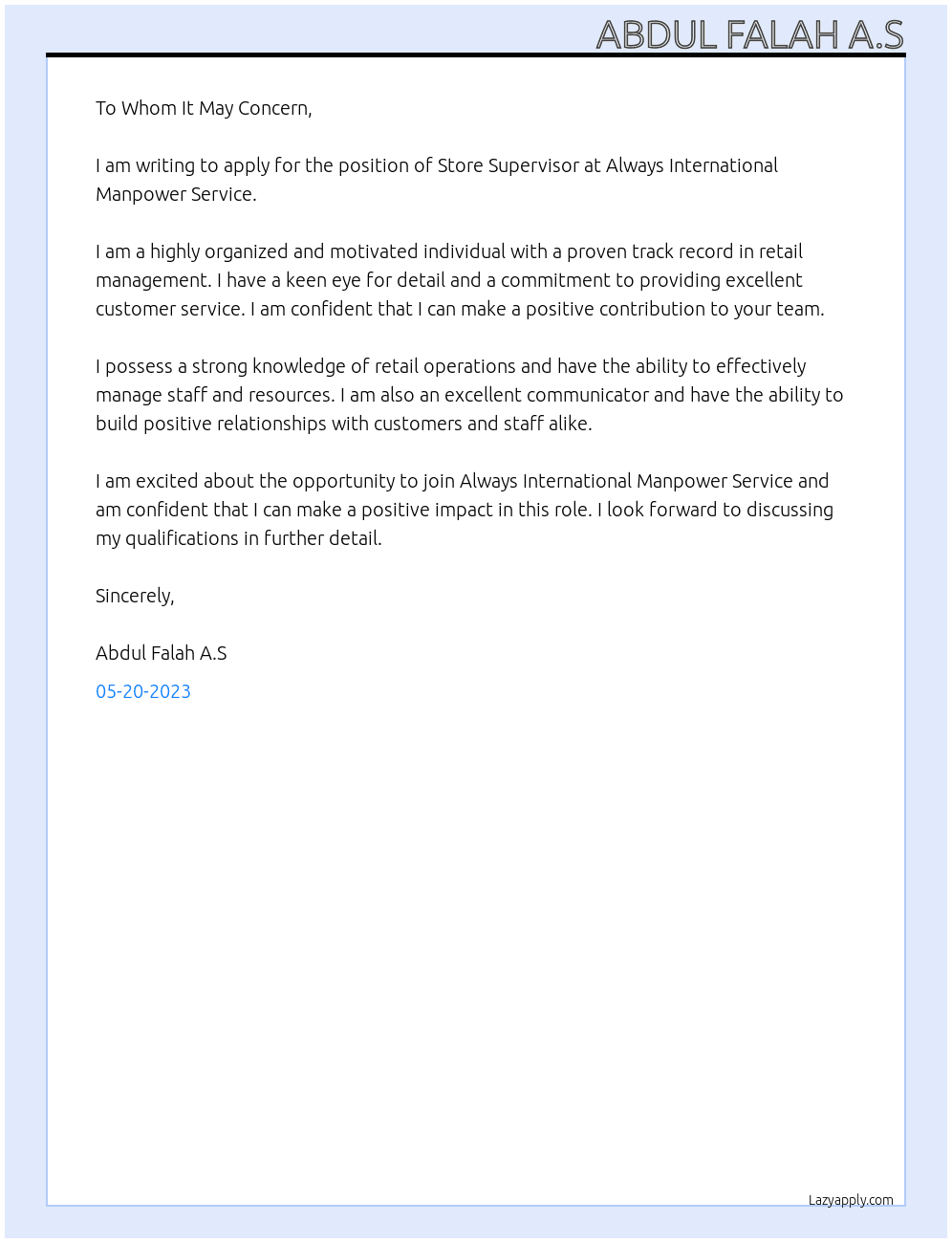 Store supervisor At Always international manpower service Cover Letter