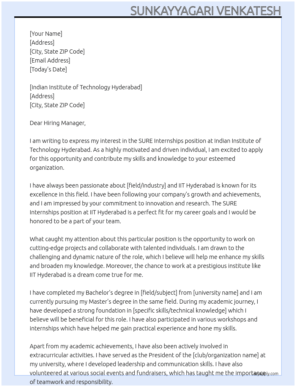 SURE Inrenships At IIT Hyderabad Cover Letter