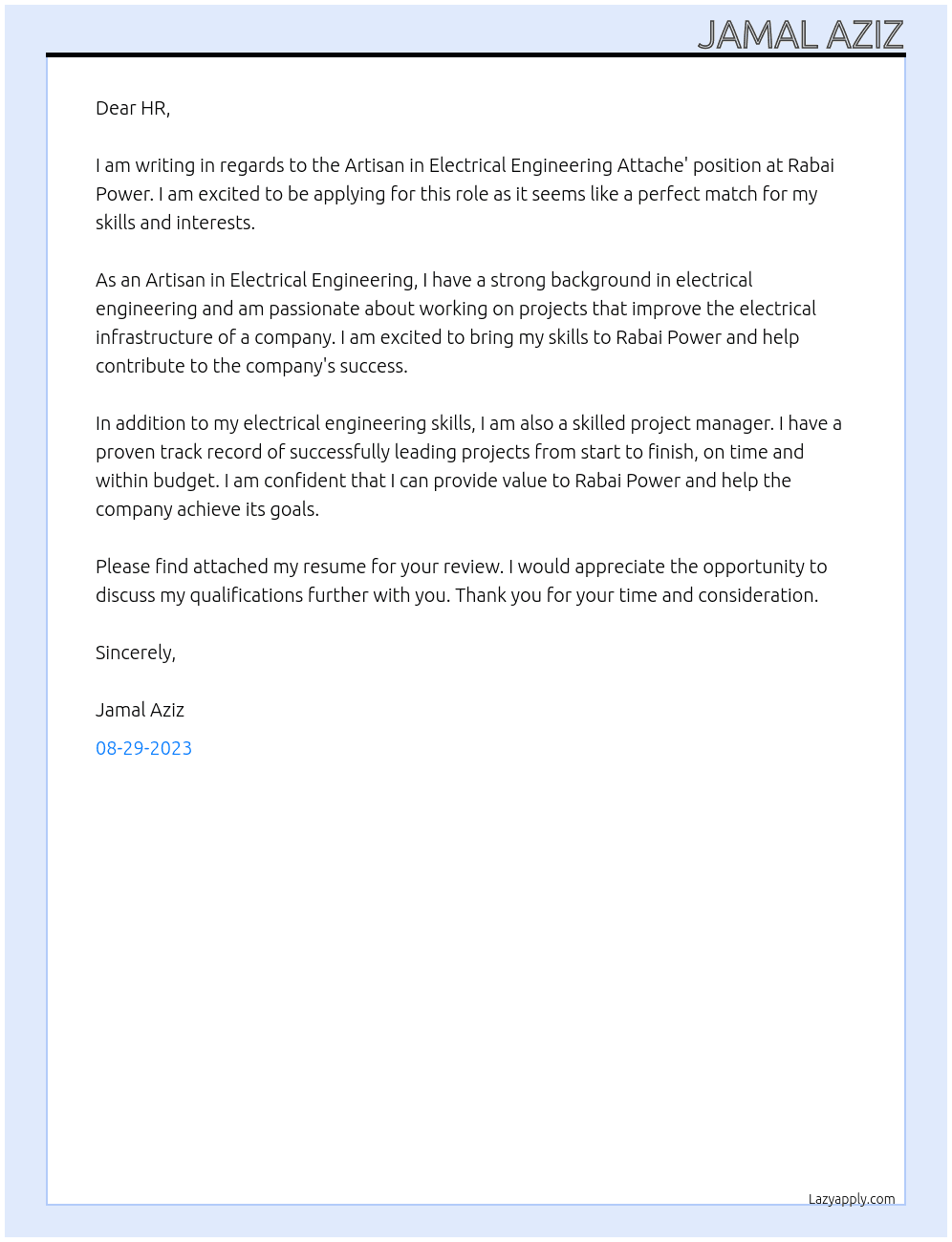 ARTISAN IN ELECTRICAL ENGINEERING ATTACHE' At RABAI POWER Cover Letter