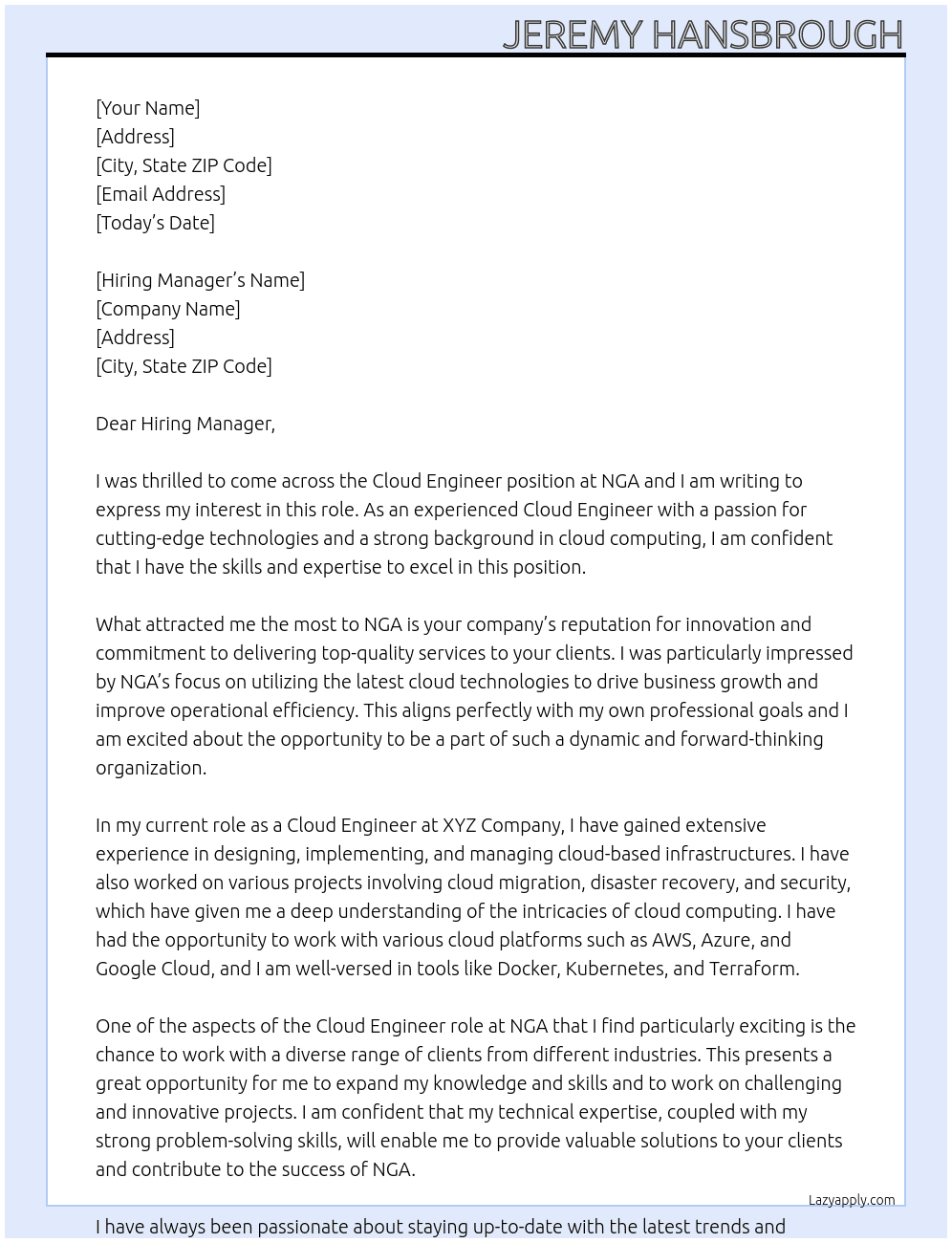 Cloud Engineer At NGA Cover Letter