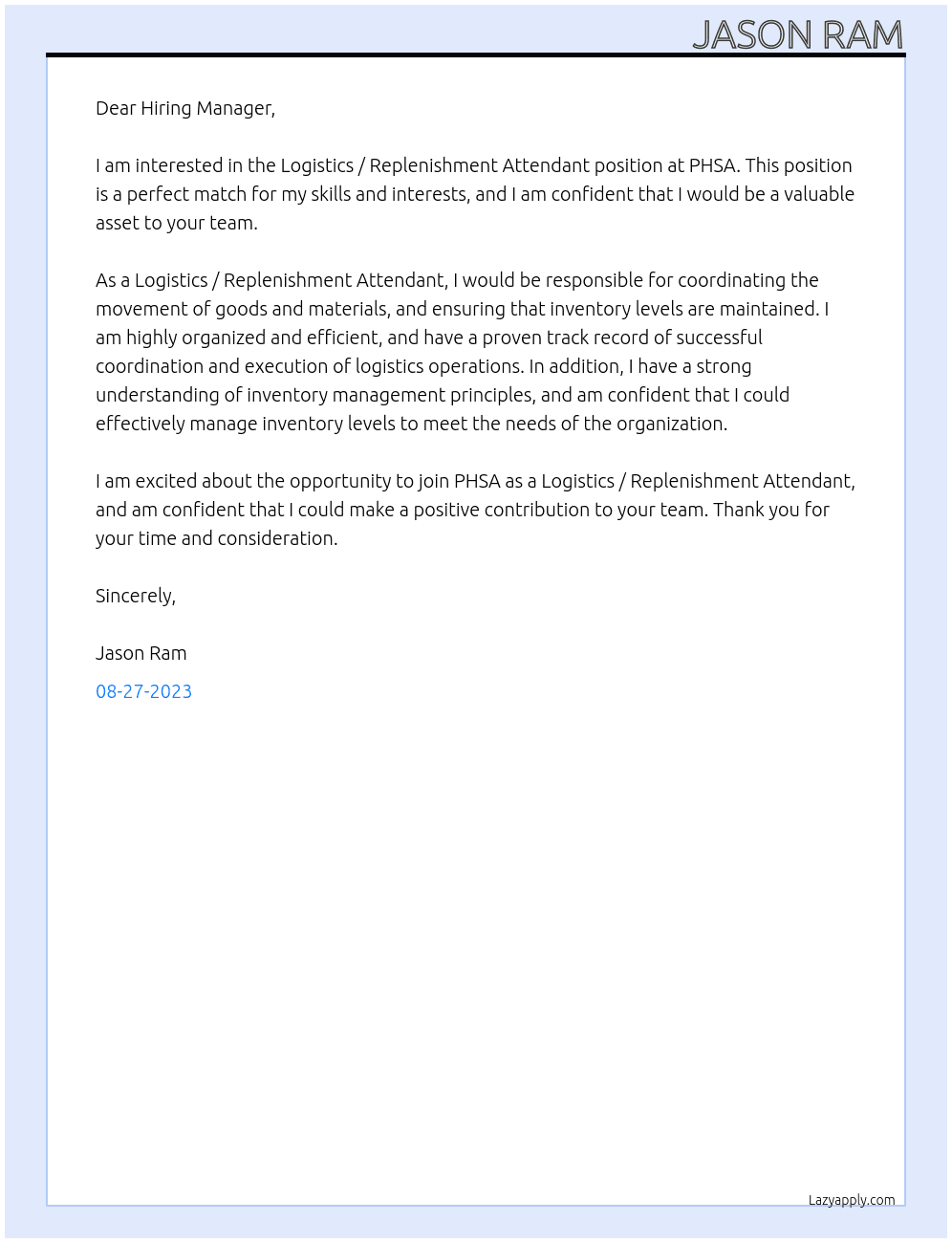 Logistics / Replenishment Attendant  At PHSA Cover Letter