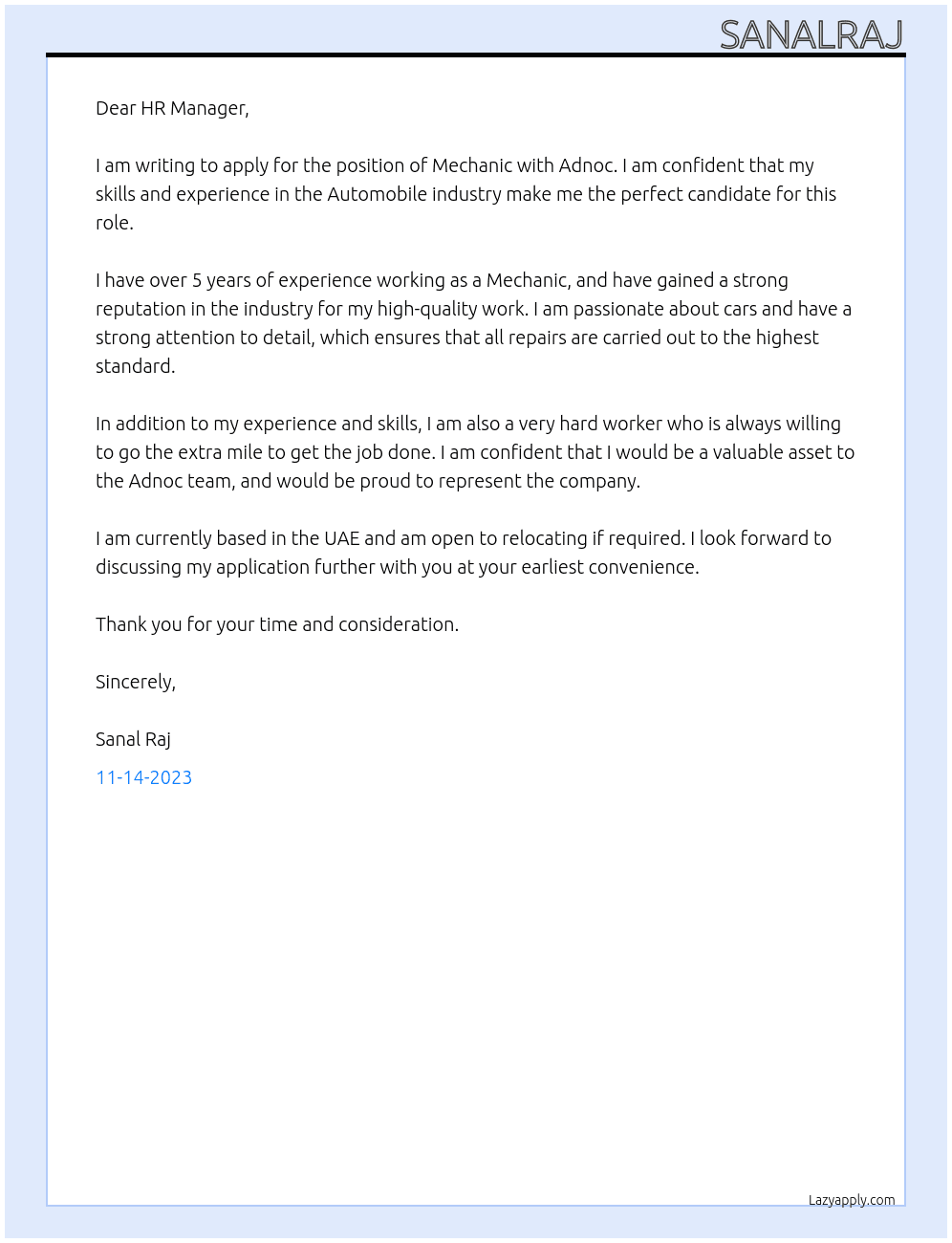 Mechanic At Adnoc  Cover Letter