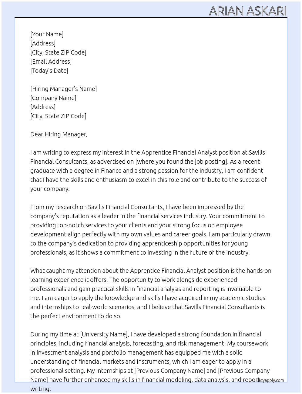 Apprentice Financial Analyst At Savills Financial Consultants Cover Letter