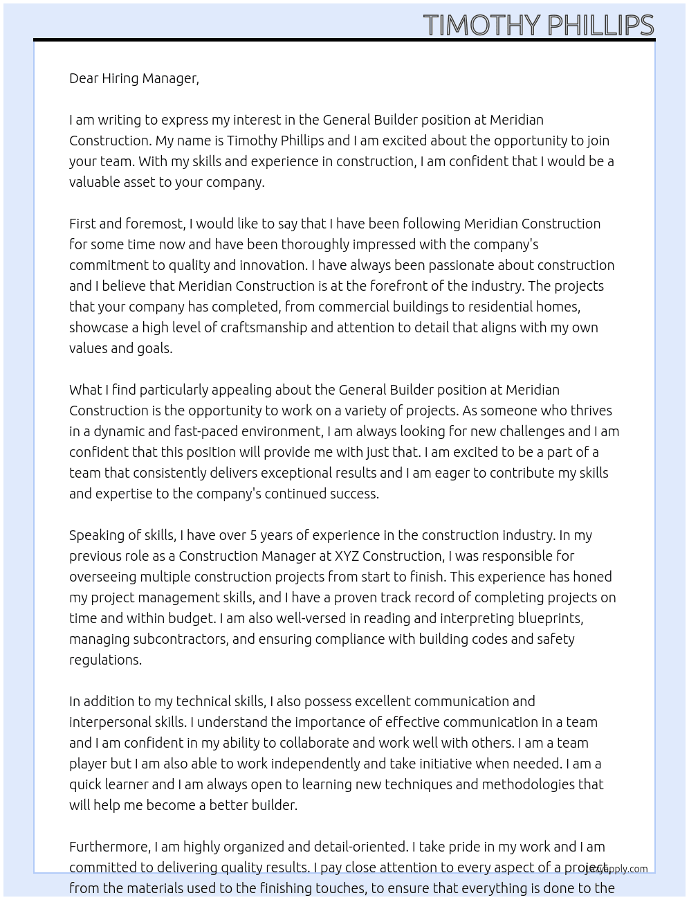 Cover letter for general builder - LazyApply