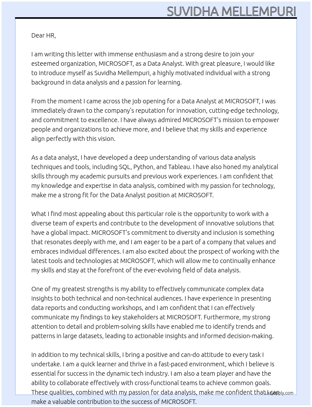 DATA ANALYST At MICRO SOFT Cover Letter