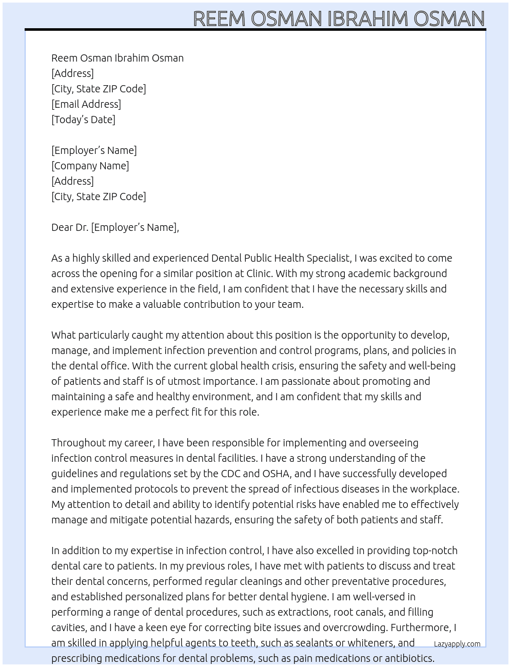 •	Dental puplic health specialist  At Clinic  Cover Letter