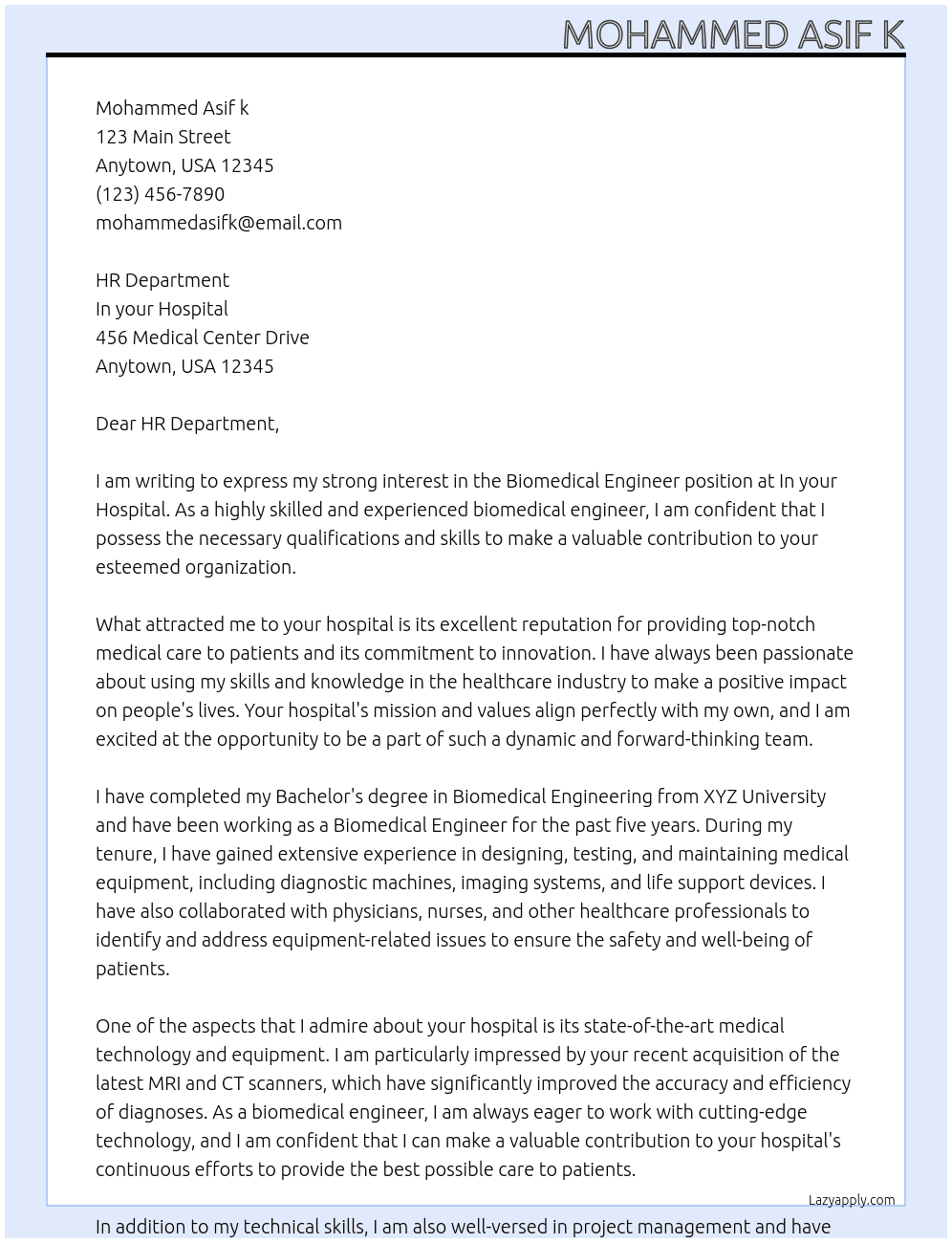 Biomedical engineer At In your Hospital  Cover Letter