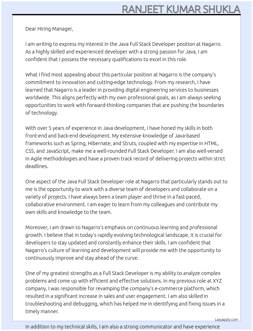 Java Full Stack Developer At Nagarro Cover Letter