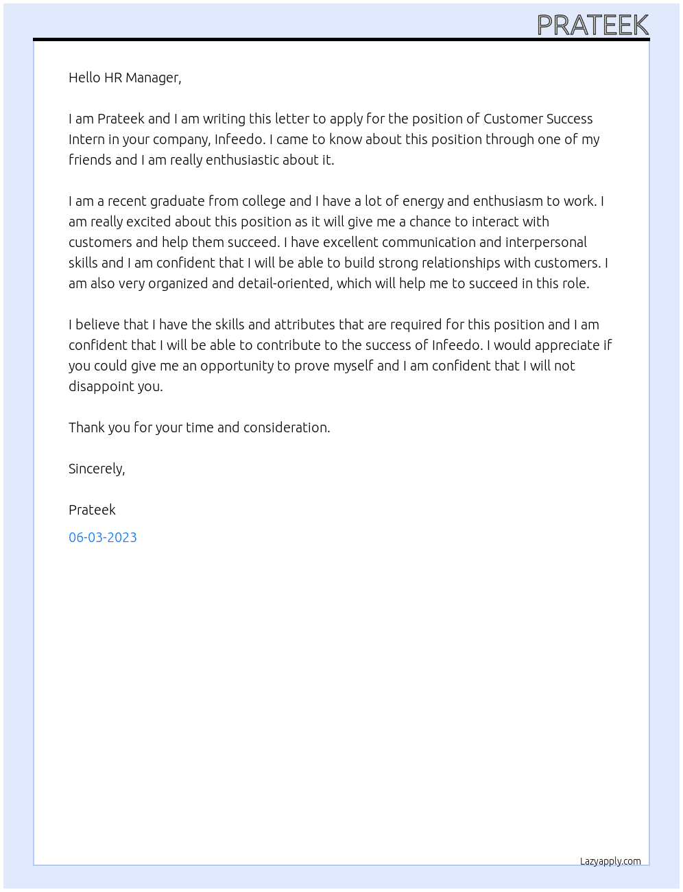 customer success intern  At infeedo Cover Letter
