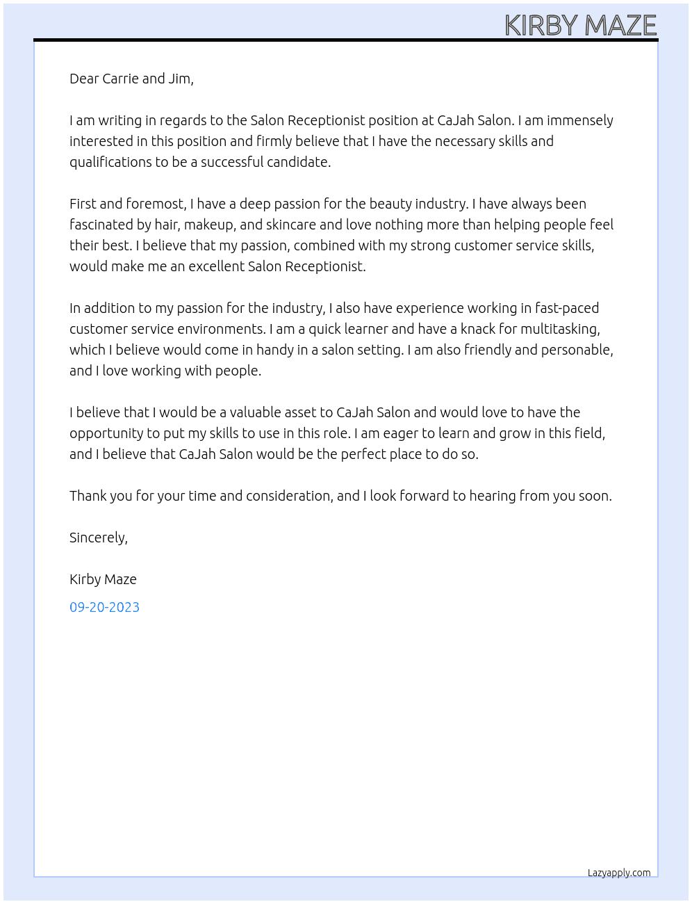 Salon receptionist  At CaJah Salon Cover Letter