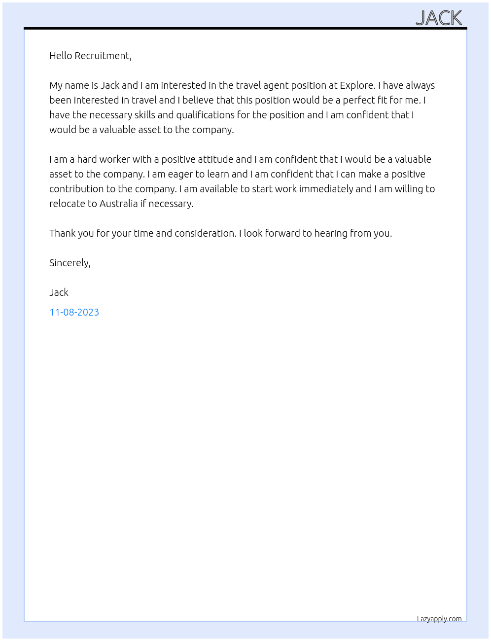 Travel agent  At Explore  Cover Letter