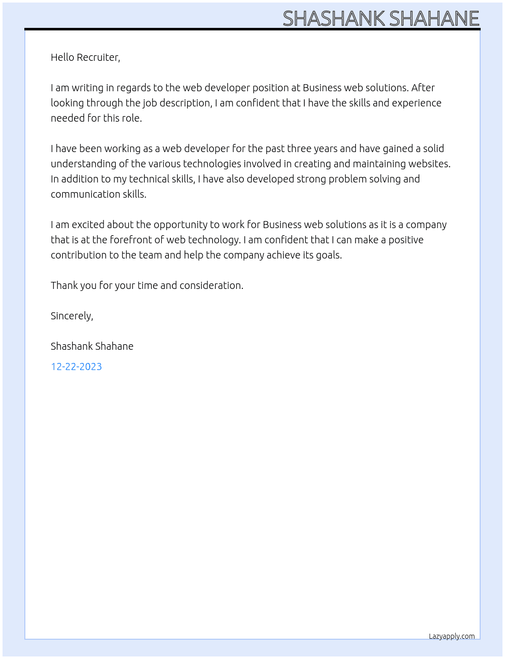 Web developer At Business web solutions  Cover Letter