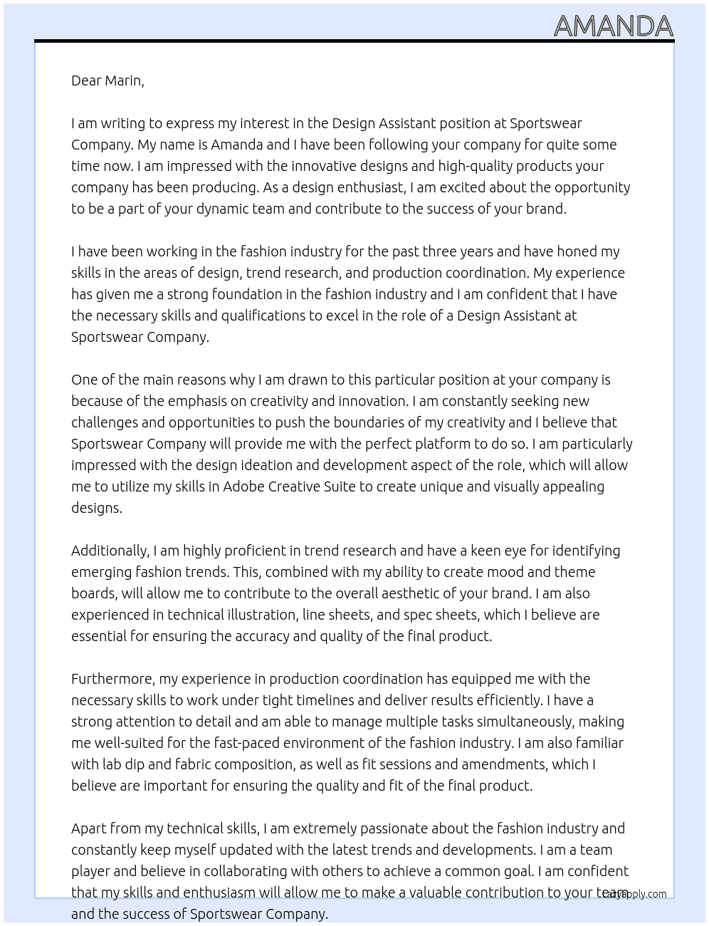 Design Assistant At Sportswear Company Cover Letter