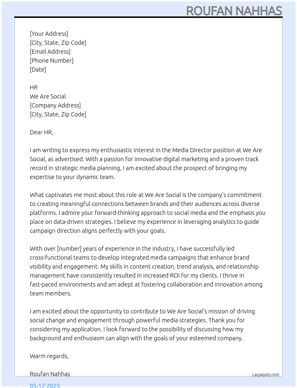 media director At We Are Social Cover Letter