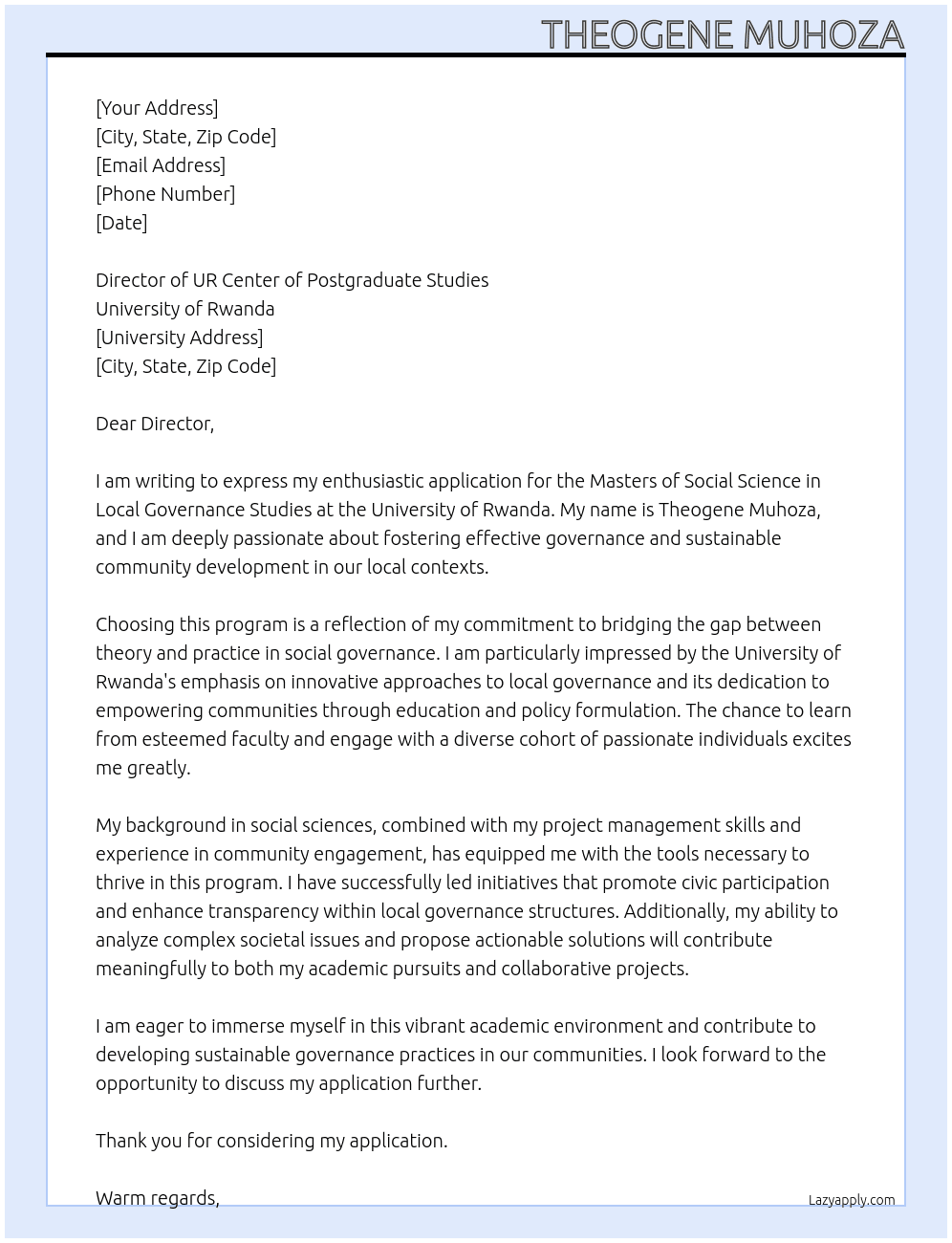 Masters of social science in local governance studies At University of Rwanda Cover Letter