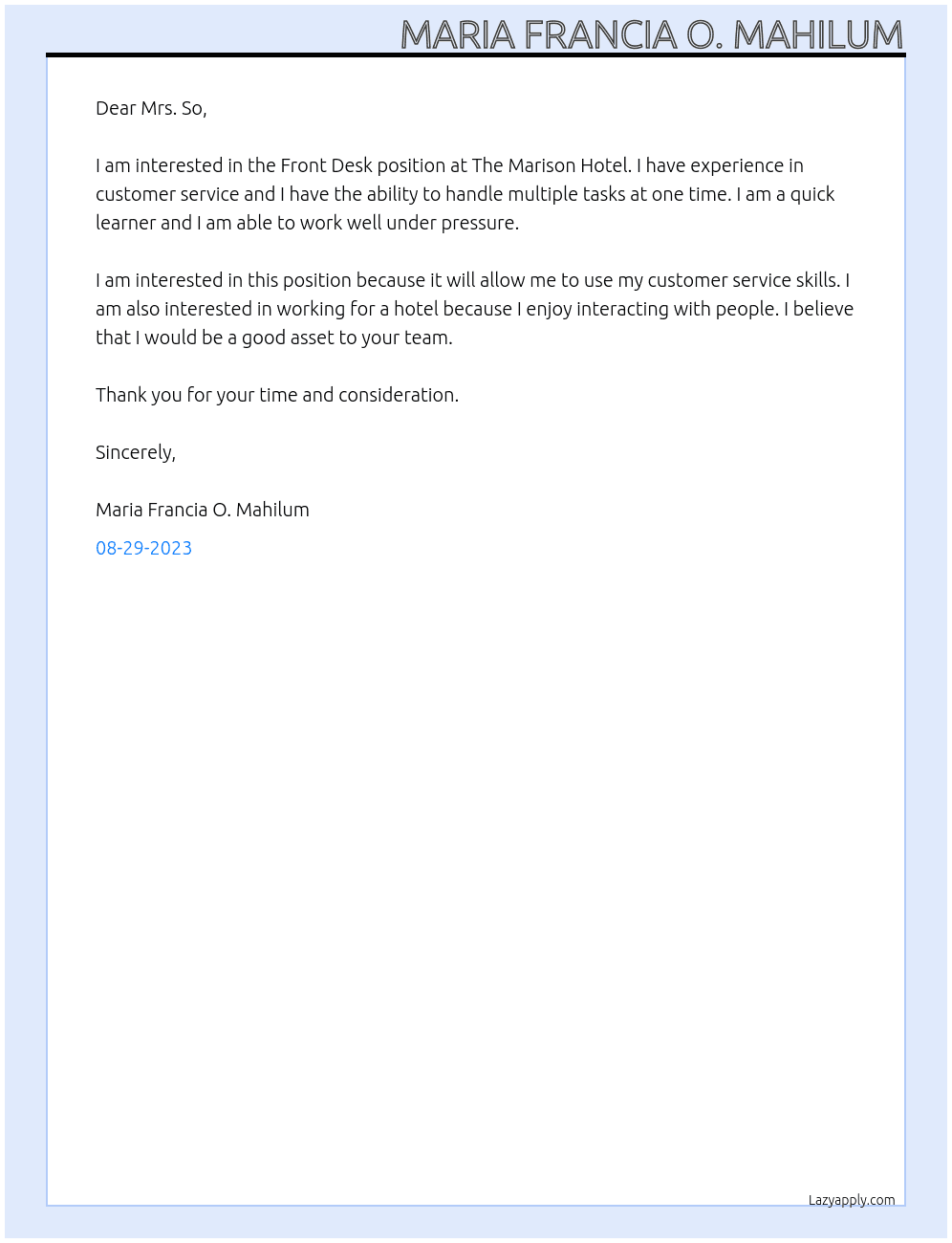 Front Desk  At The Marison Hotel Cover Letter