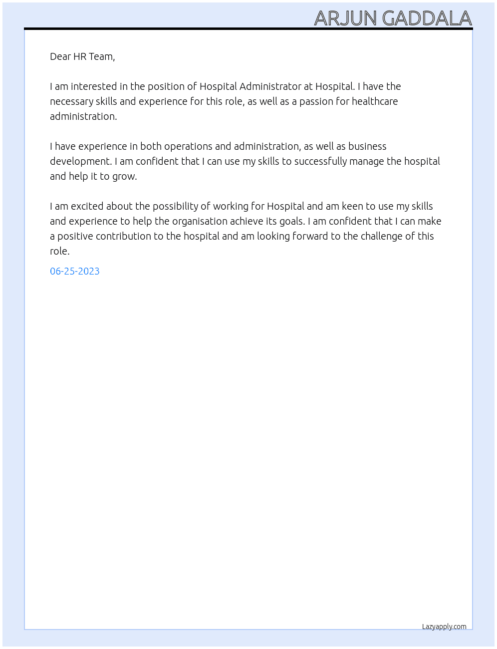 Hospital Administrator  At Hospital Cover Letter