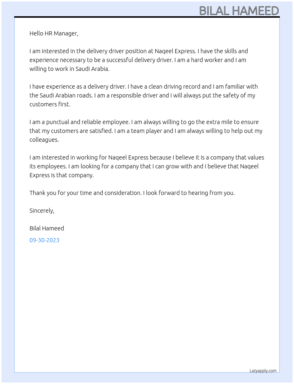 Delivery driver  At Naqeel Express  Cover Letter