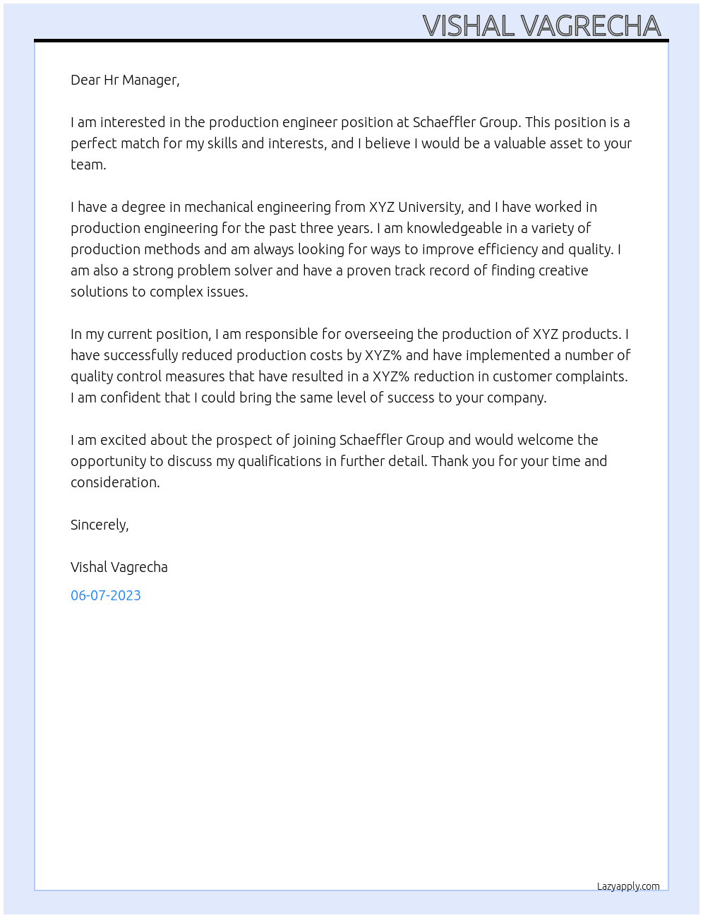 Production engineer  At Schaeffler Group Cover Letter