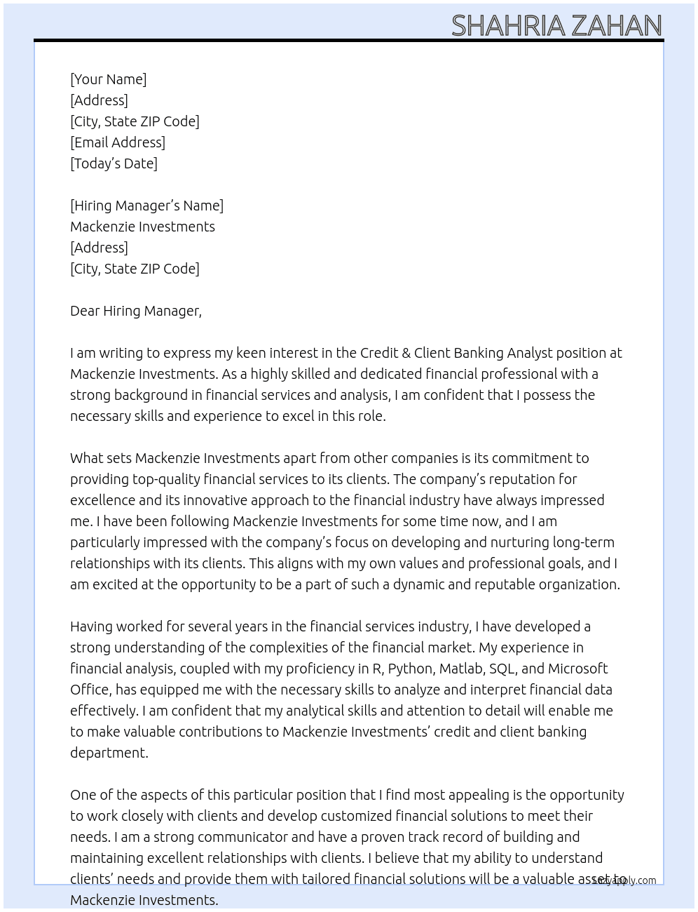 Credit & Client Banking Analyst At Mackenzie Investments Cover Letter