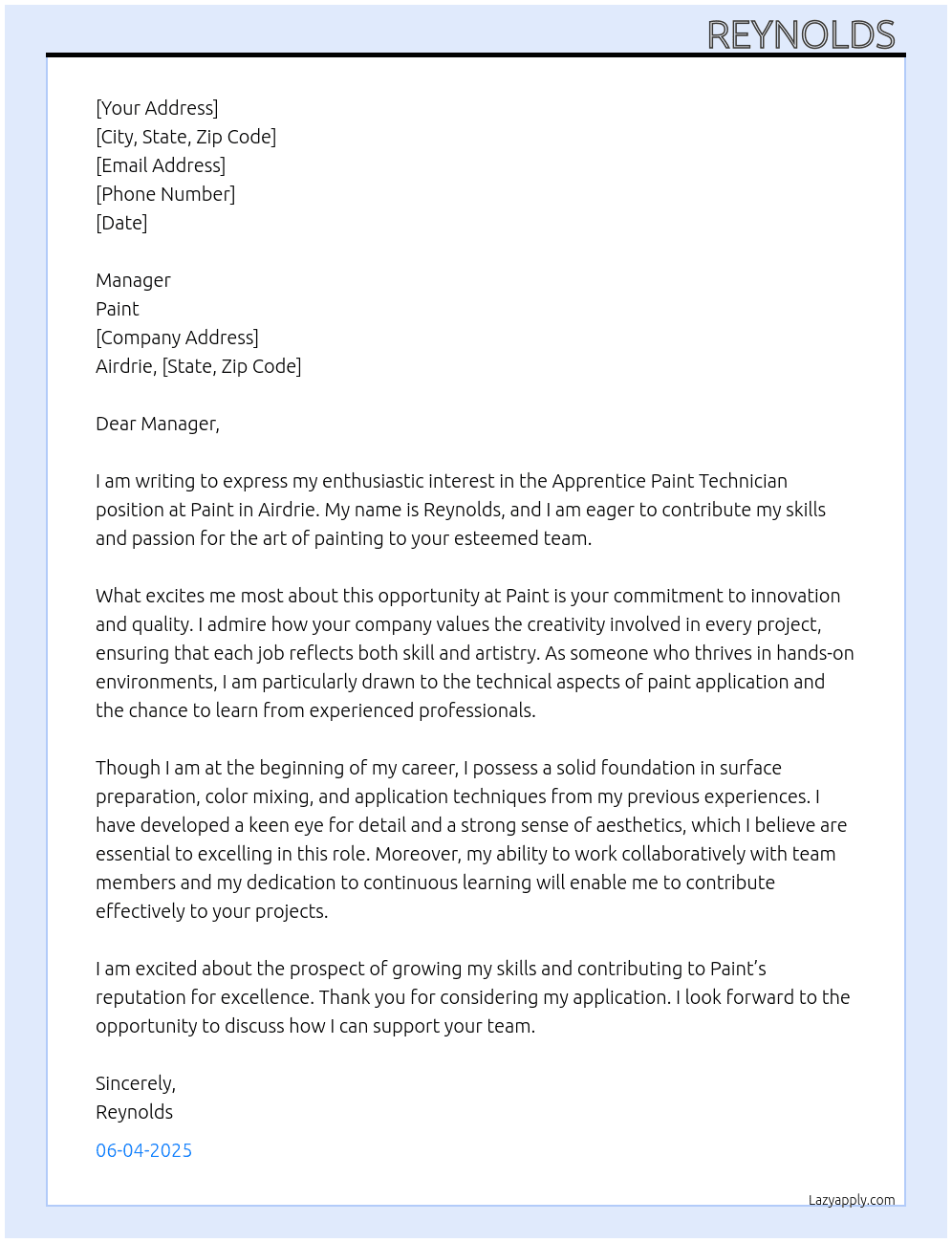 Apprentice paint technician  At Paint Cover Letter