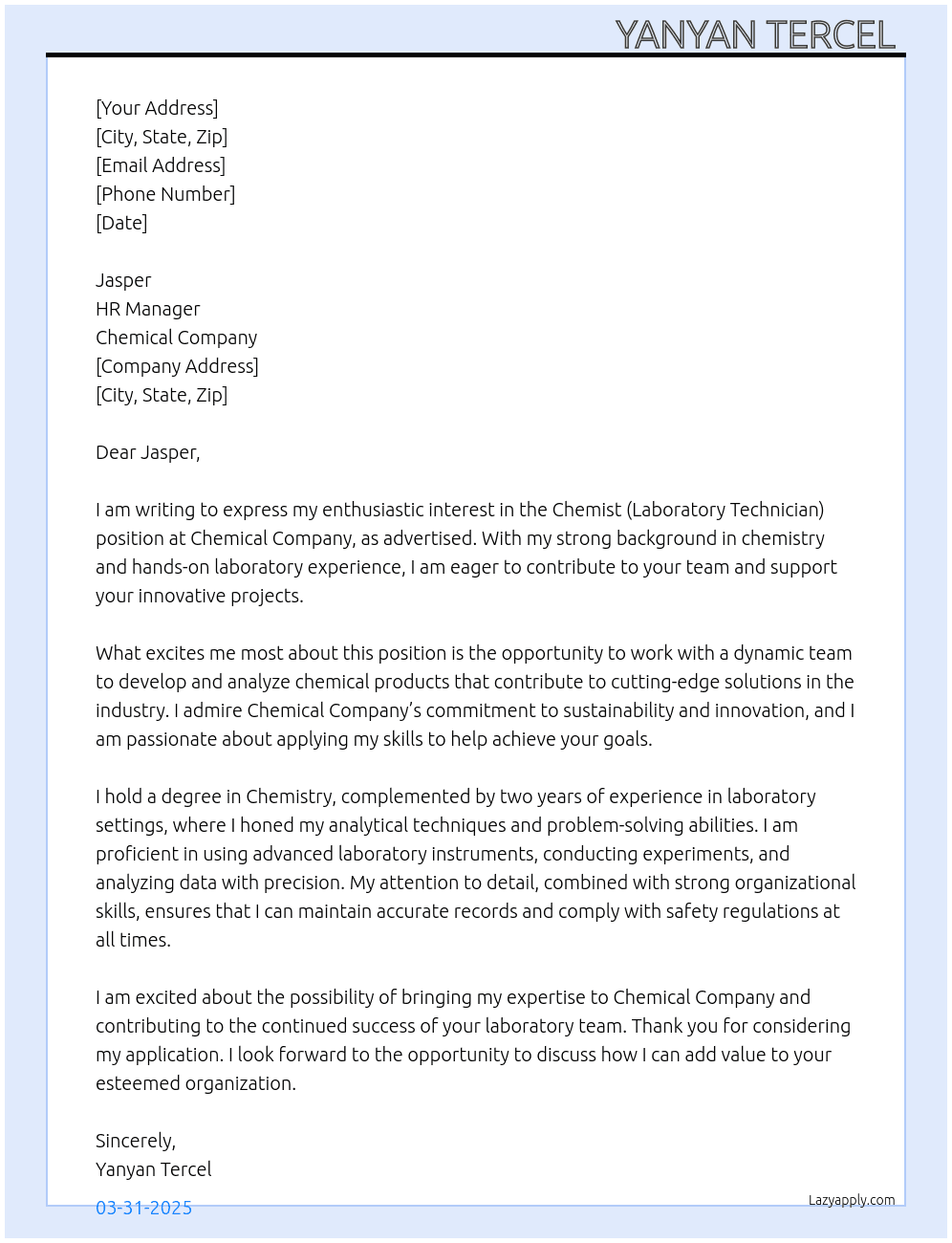 Chemist (Laboratory Technician  At Chemical Company  Cover Letter