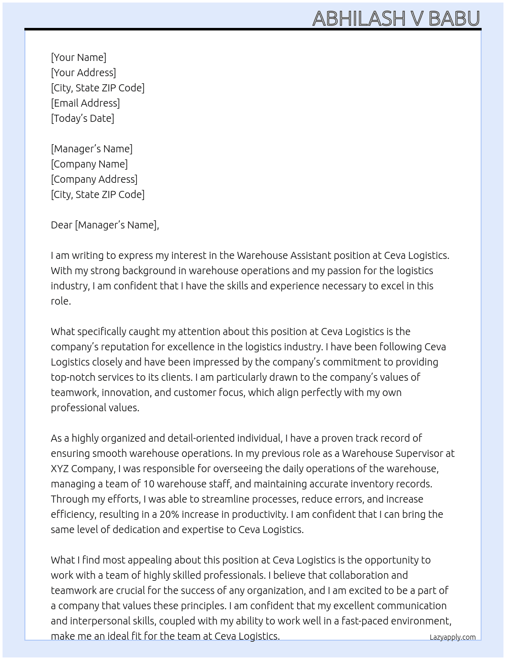 warehouse assistant At Ceva Logistics Cover Letter