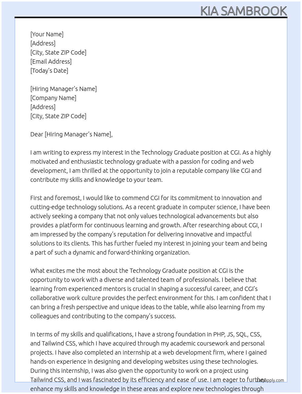 Technology Graduate At CGI Cover Letter