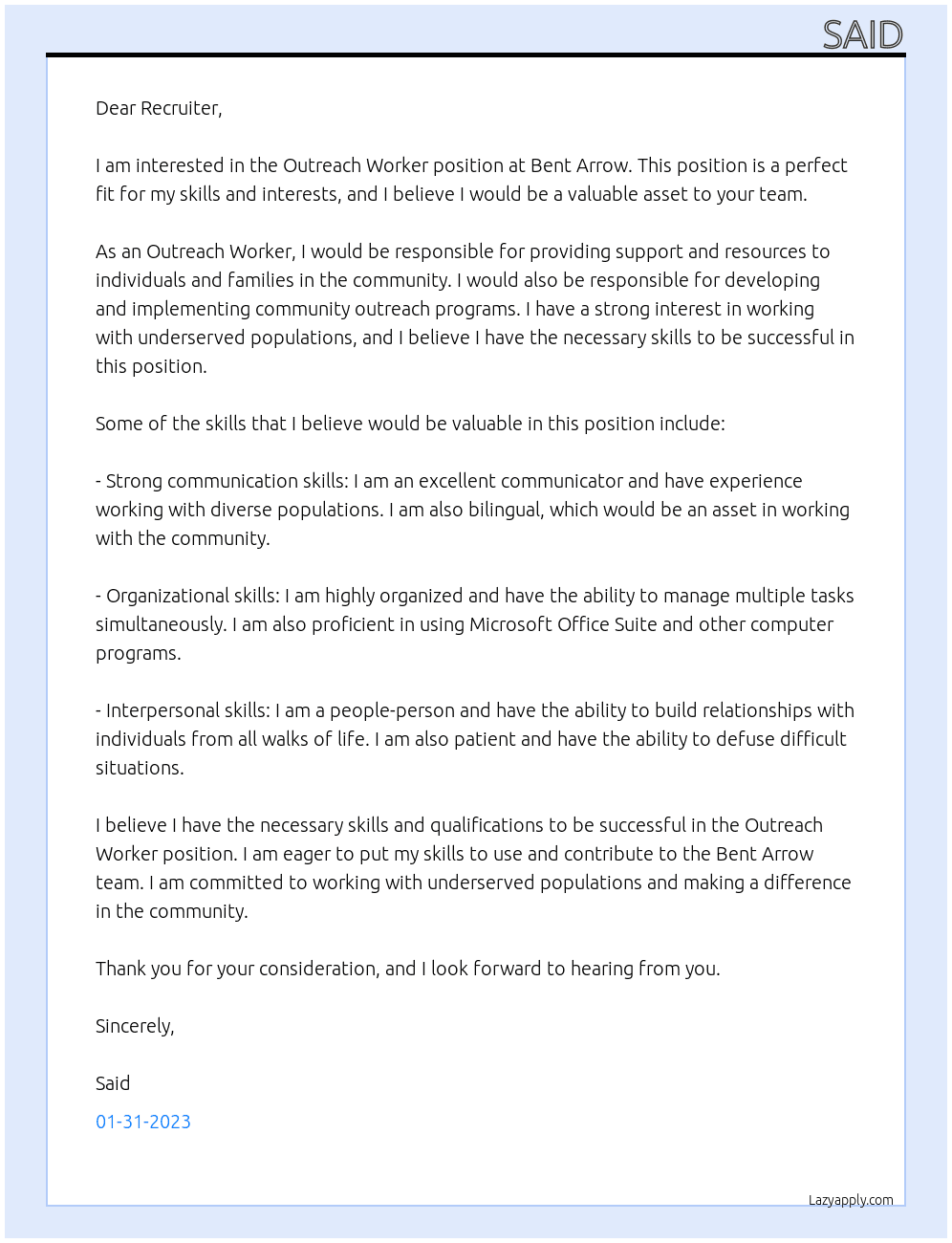 Outreach Worker At Bent arrow  Cover Letter