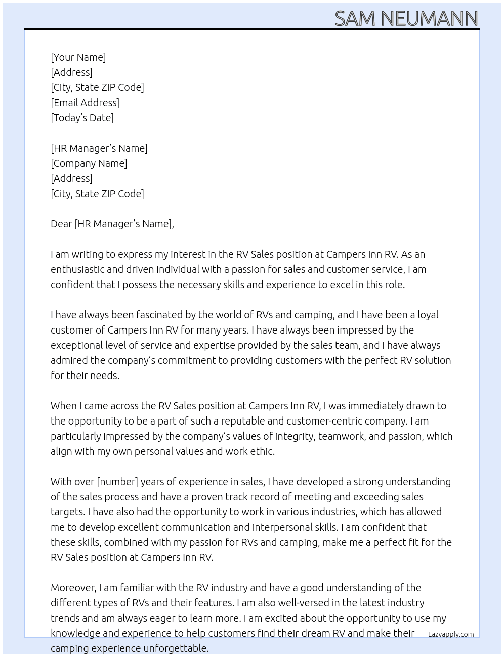 RV Sales At Campers Inn RV Cover Letter