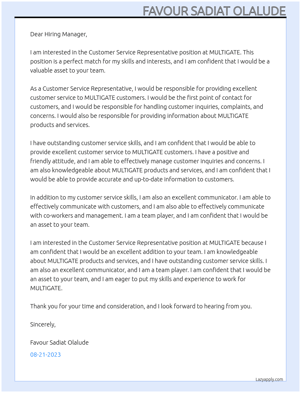Customer Service Representative At MULTIGATE Cover Letter