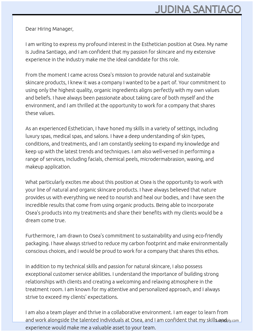 Esthetician At Osea Cover Letter