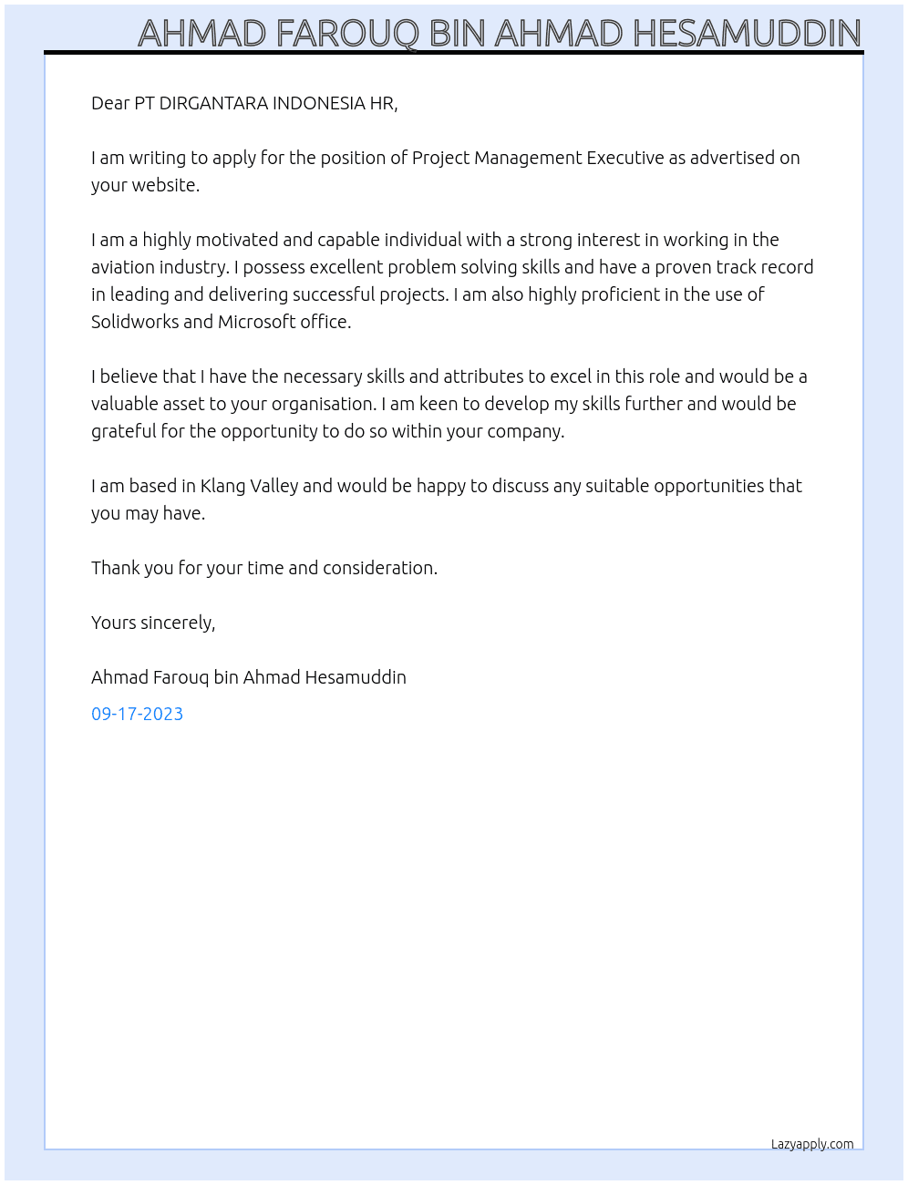 Project Management Executive At PT DIRGANTARA INDONESIA Cover Letter