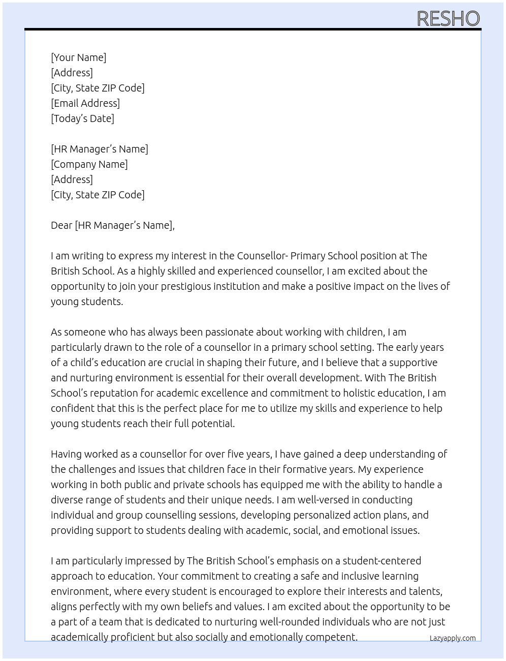 Counsellor- Primary School At The British School Cover Letter