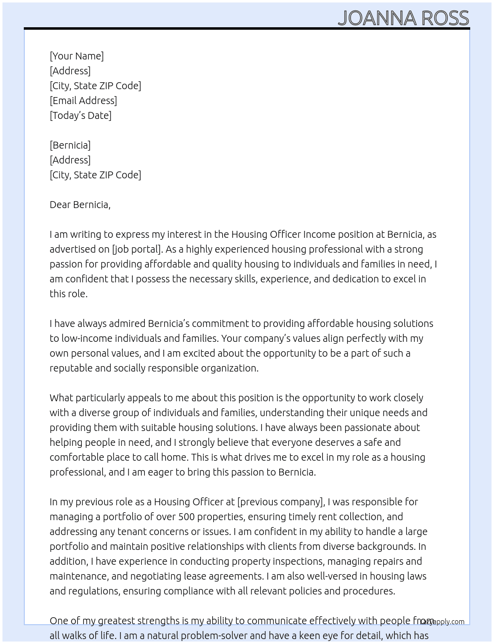 Housing officer income At Bernicia  Cover Letter