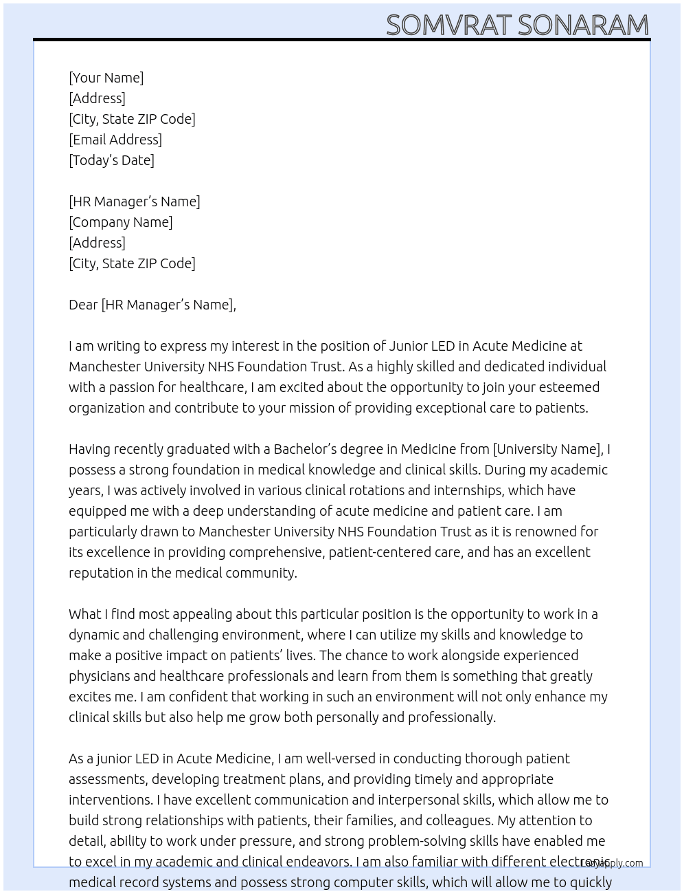 Junior LED in Acute Medicine At Manchester University NHS Foundation Trust Cover Letter