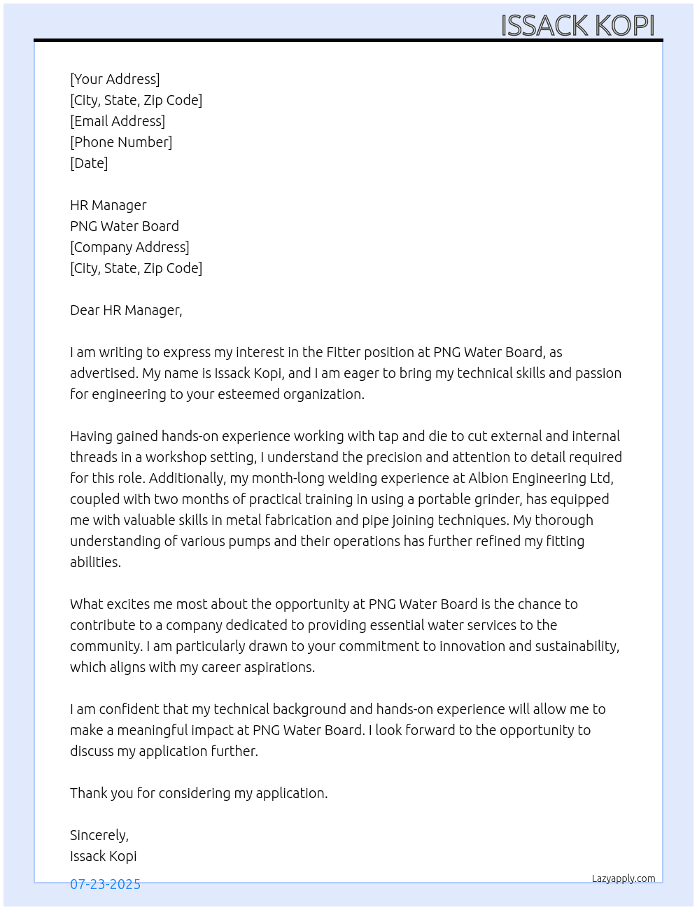 Fitter   At PNG Water board , Cover Letter