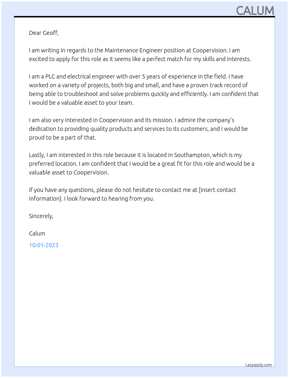 Maintenance engineer At coopervision Cover Letter