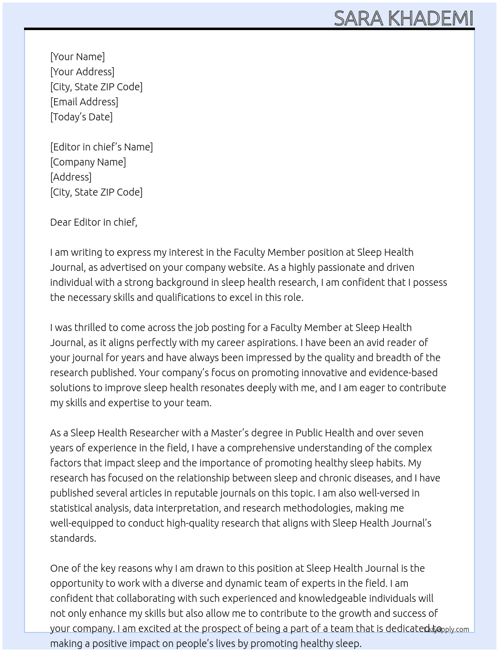 Faculty member At Sleep Health Journal Cover Letter