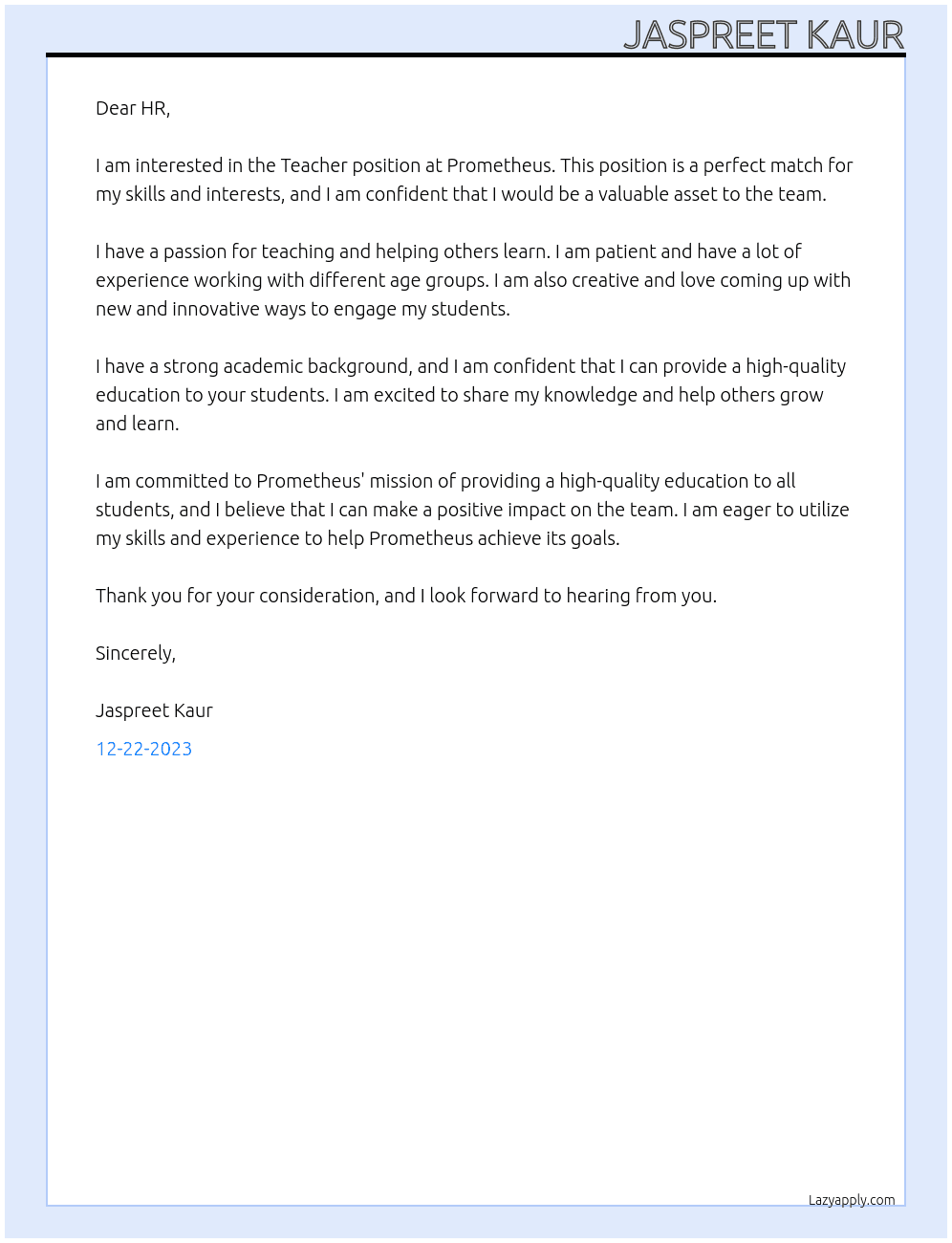 Teacher At prometheus Cover Letter
