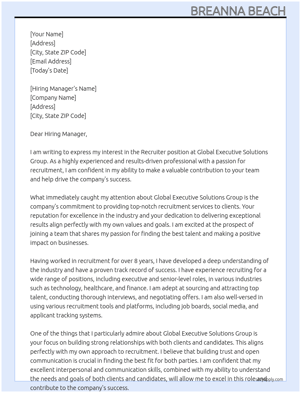 Recruiter  At Global Executive Solutions Group Cover Letter