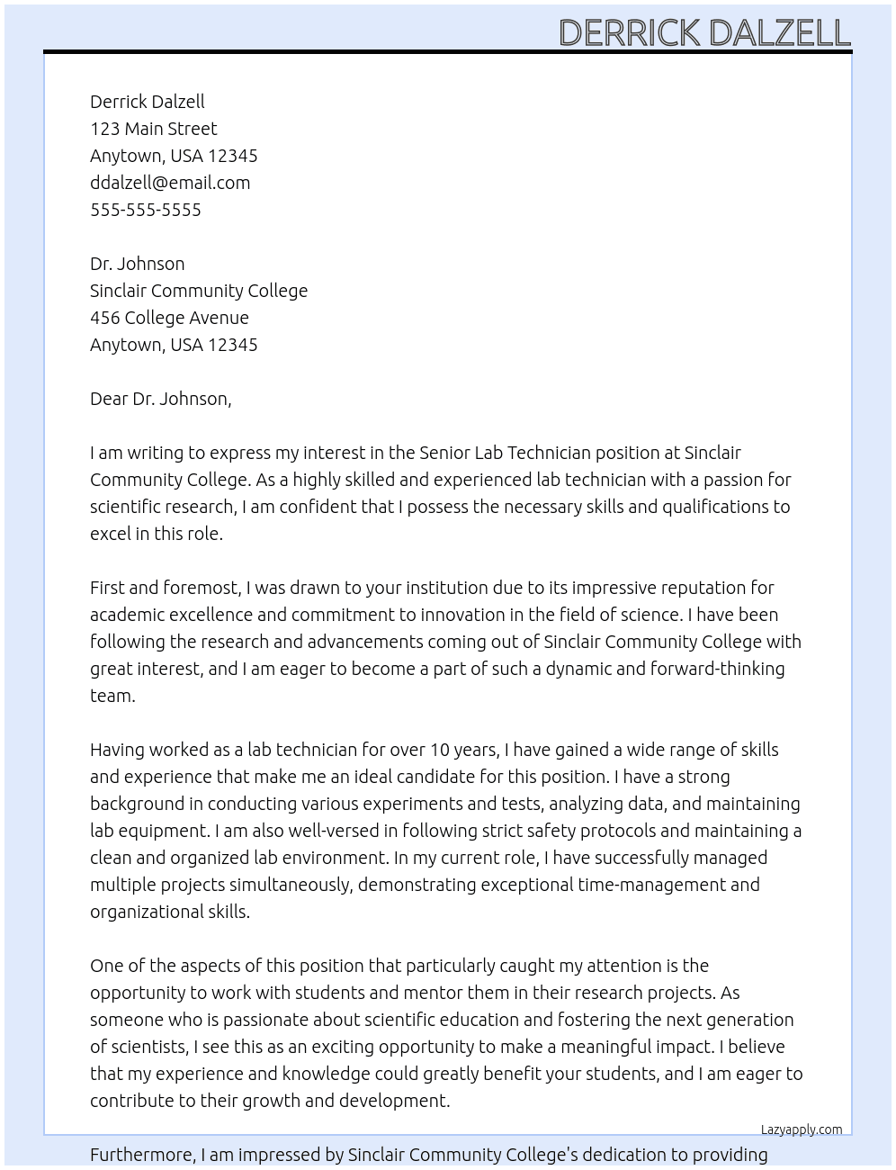 Senior Lab Technician  At Sinclair Comunity College Cover Letter