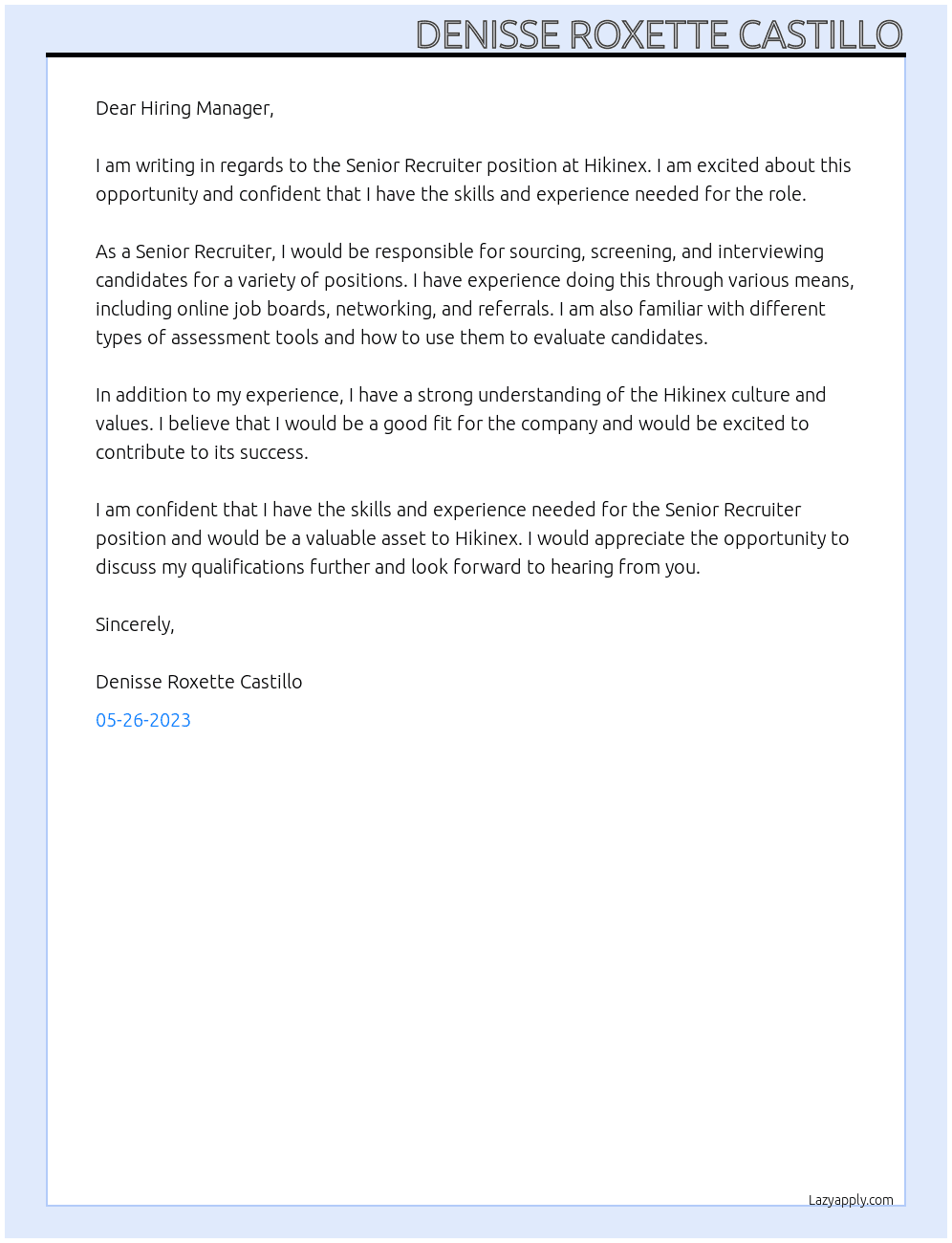 Senior Recruiter At Hikinex Cover Letter