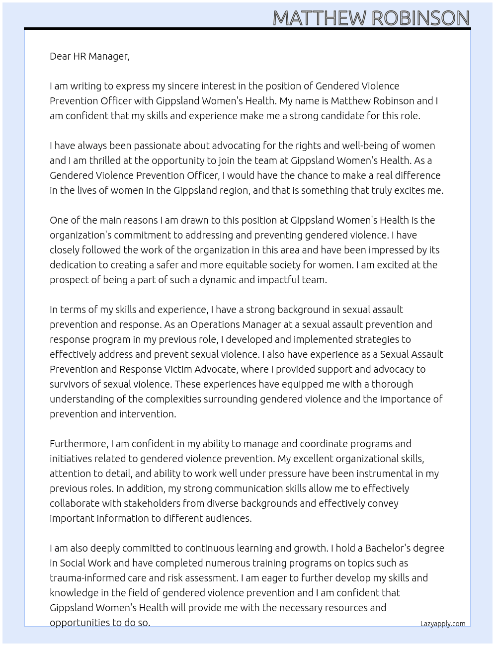 Gendered Violence Prevention Officer At Gippsland Women's Health Cover Letter