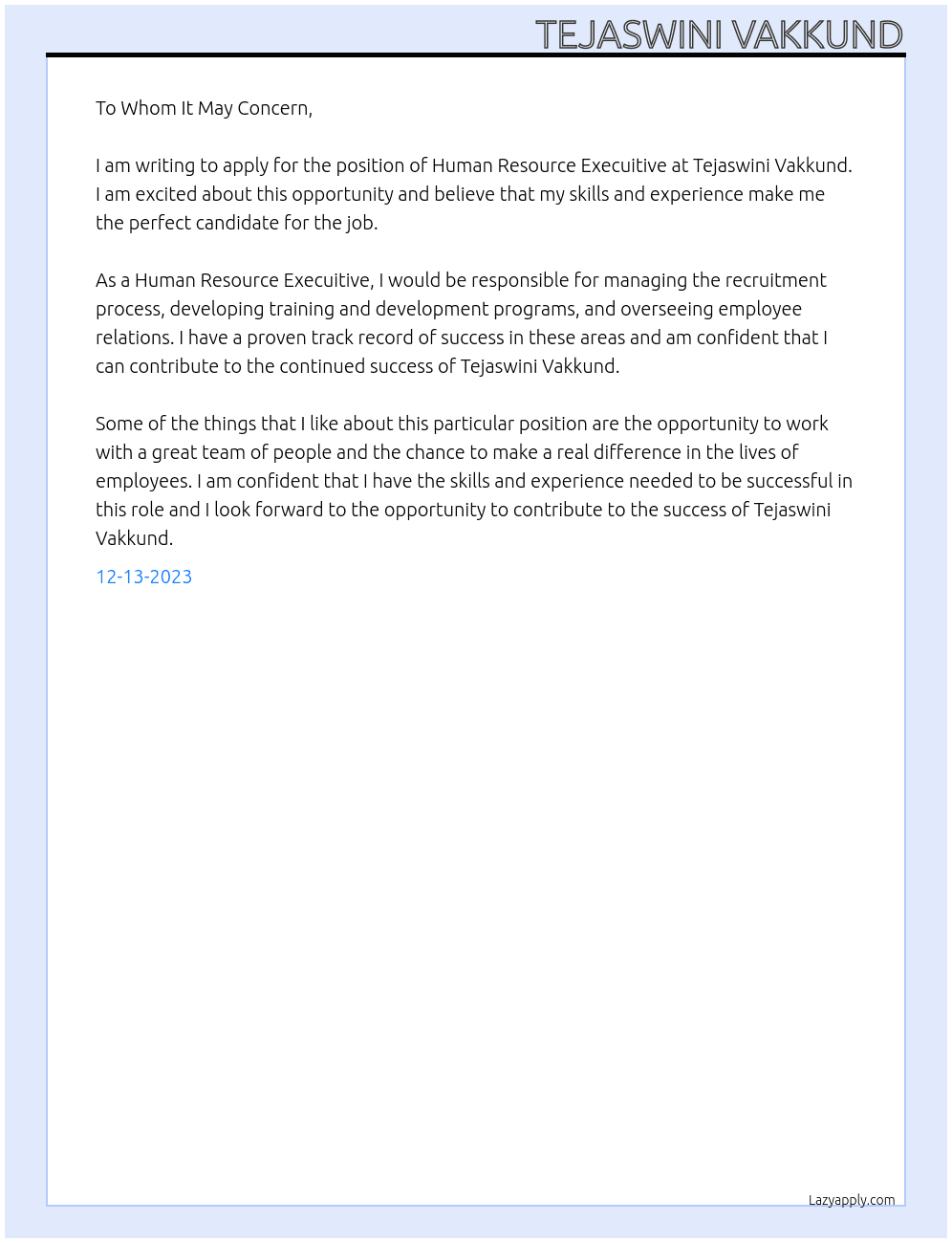 Human Resource Execuitive At Tejaswini Vakkund Cover Letter