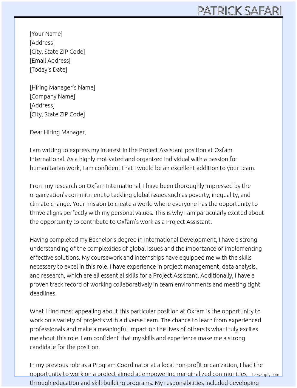 Project Assistant At Oxfam International Cover Letter