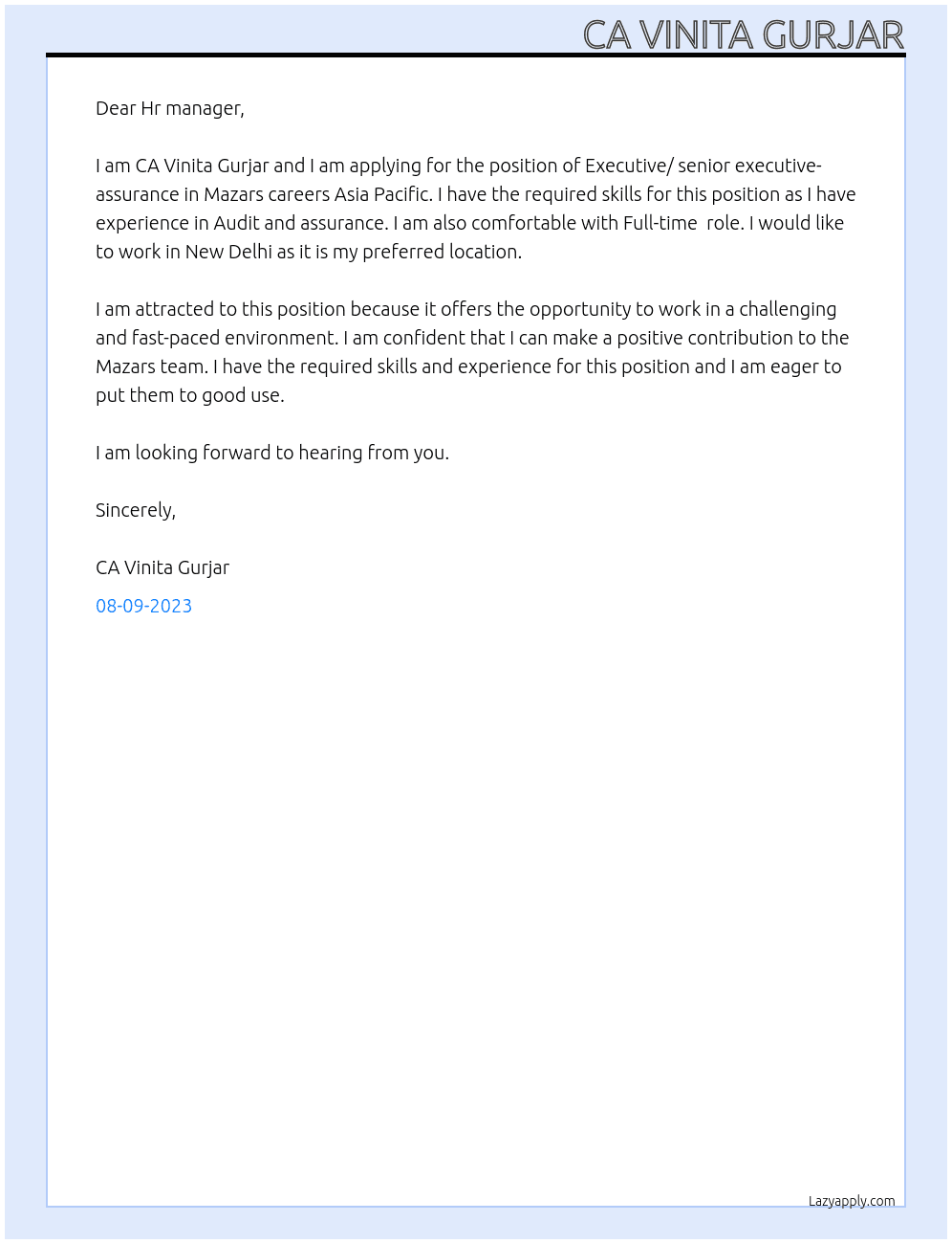 Executive/ senior executive- assurance At Mazars careers Asia Pacific Cover Letter