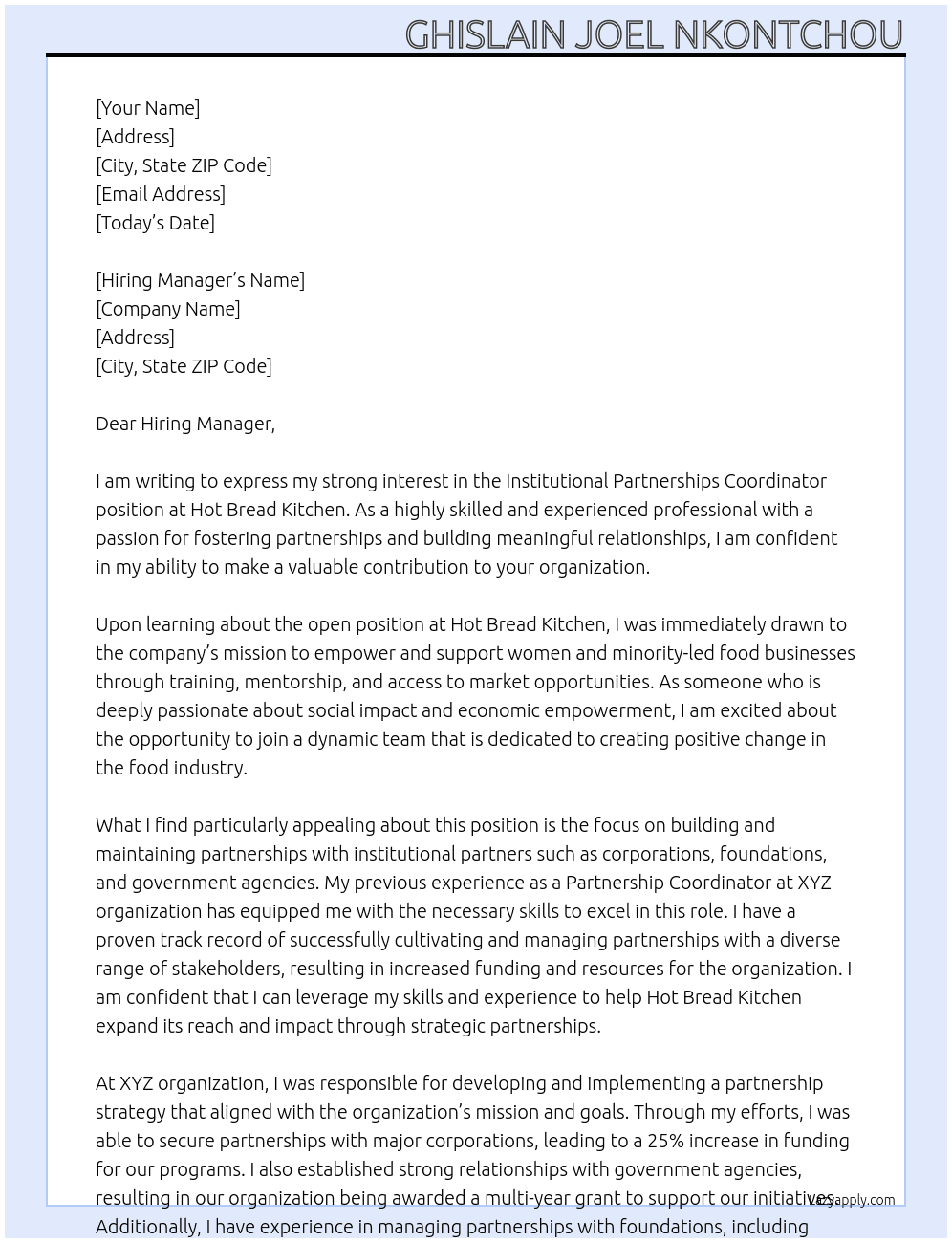 Institutional Partnerships Coordinator At Hot Bread Kitchen Cover Letter